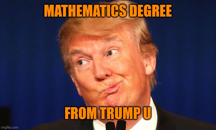 Trump thinking hard | MATHEMATICS DEGREE FROM TRUMP U | image tagged in trump thinking hard | made w/ Imgflip meme maker