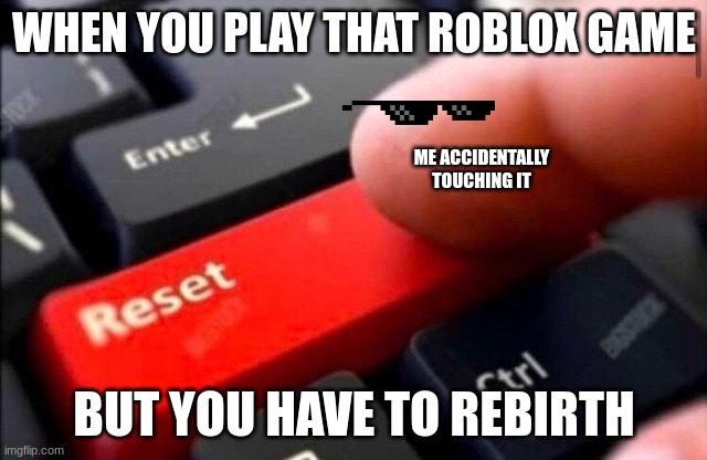 Reset button | WHEN YOU PLAY THAT ROBLOX GAME; ME ACCIDENTALLY TOUCHING IT; BUT YOU HAVE TO REBIRTH | image tagged in reset button | made w/ Imgflip meme maker