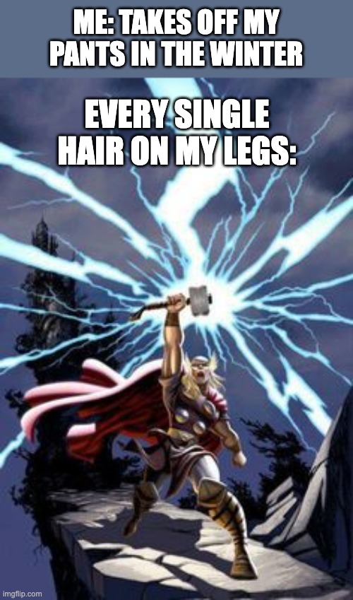 static electricity⚡️ | ME: TAKES OFF MY PANTS IN THE WINTER; EVERY SINGLE HAIR ON MY LEGS: | image tagged in thor with lightning,static,hair,legs,winter,clean | made w/ Imgflip meme maker