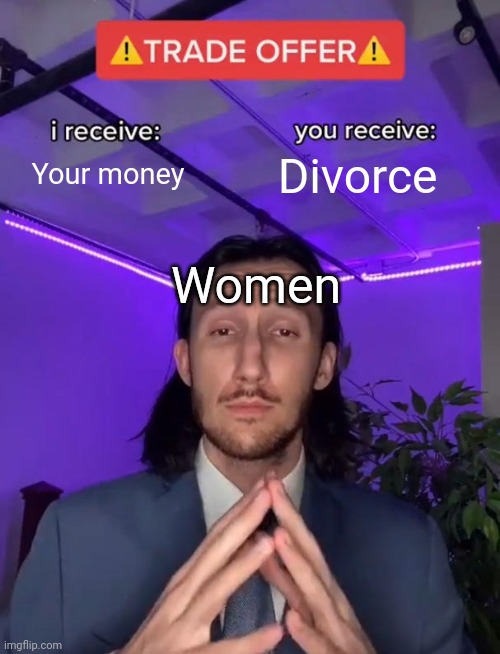 Trade Offer | Your money; Divorce; Women | image tagged in trade offer | made w/ Imgflip meme maker