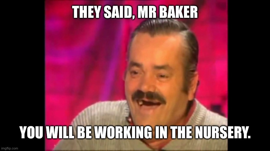 Spanish laughing Guy Risitas | THEY SAID, MR BAKER; YOU WILL BE WORKING IN THE NURSERY. | image tagged in spanish laughing guy risitas | made w/ Imgflip meme maker