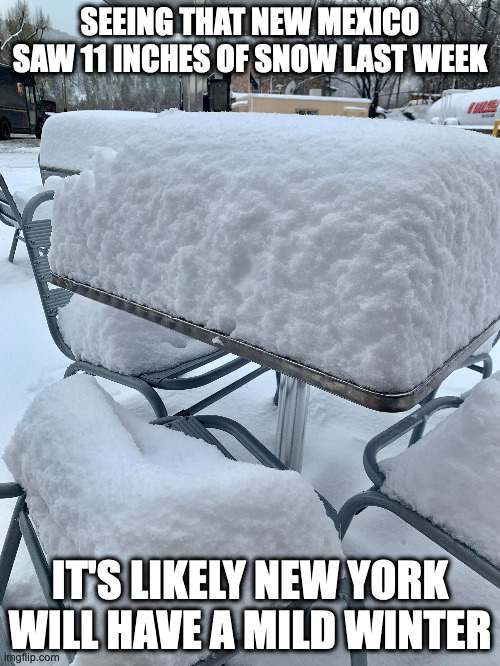 New Mexico With Heavy Snow | SEEING THAT NEW MEXICO SAW 11 INCHES OF SNOW LAST WEEK; IT'S LIKELY NEW YORK WILL HAVE A MILD WINTER | image tagged in snow,memes | made w/ Imgflip meme maker