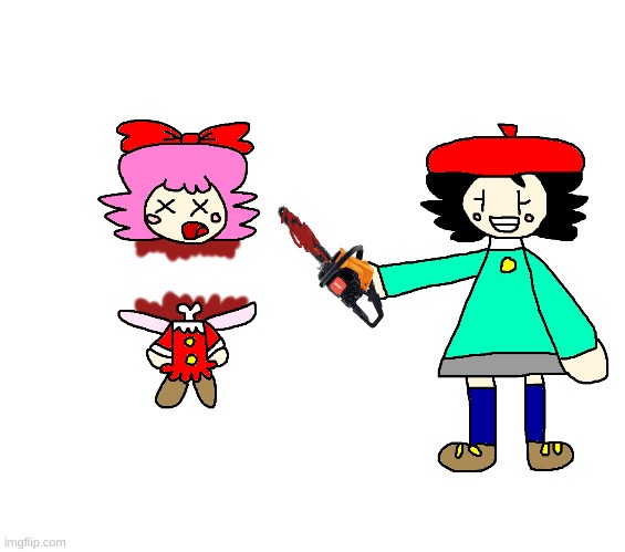 Adeleine literally decapitates Ribbon with a chainsaw | image tagged in kirby,funny,decapitation,cute,death,fanart | made w/ Imgflip meme maker