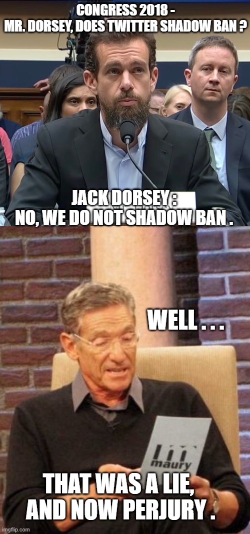 He perjured himself before Congress | CONGRESS 2018 -
MR. DORSEY, DOES TWITTER SHADOW BAN ? JACK DORSEY :
NO, WE DO NOT SHADOW BAN . WELL . . . THAT WAS A LIE,
 AND NOW PERJURY . | image tagged in maury lie detector,dorsey,twitter,liberals,leftists,democrats | made w/ Imgflip meme maker