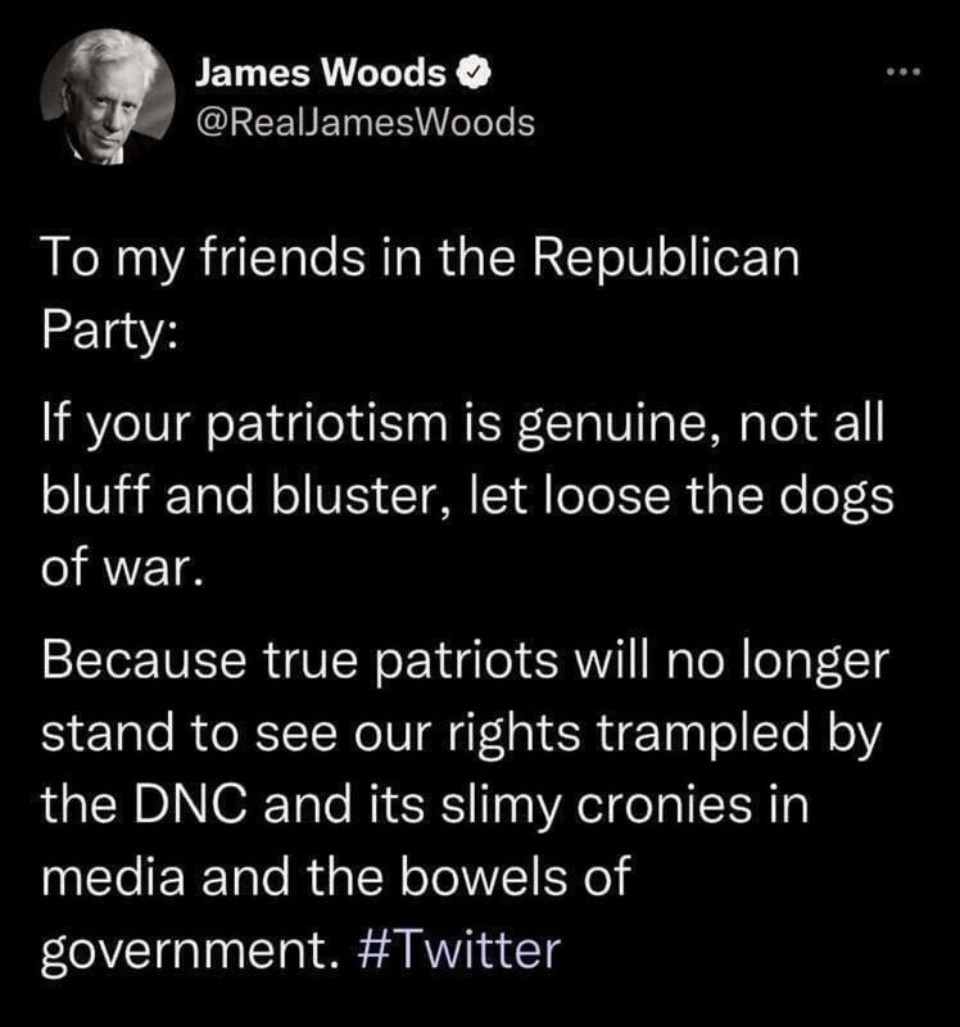 James Woods tweet: Let Loose the Dogs of War | image tagged in james woods,dogs of war,republicans,rinos,democrats,crush the commies | made w/ Imgflip meme maker