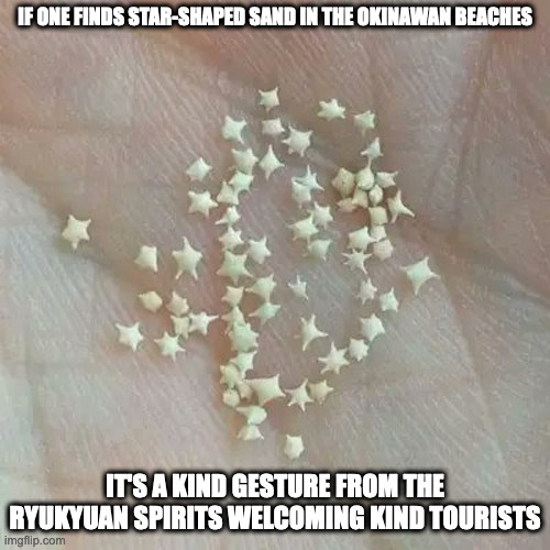 Star-Shaped Sand | IF ONE FINDS STAR-SHAPED SAND IN THE OKINAWAN BEACHES; IT'S A KIND GESTURE FROM THE RYUKYUAN SPIRITS WELCOMING KIND TOURISTS | image tagged in sand,beach,memes | made w/ Imgflip meme maker