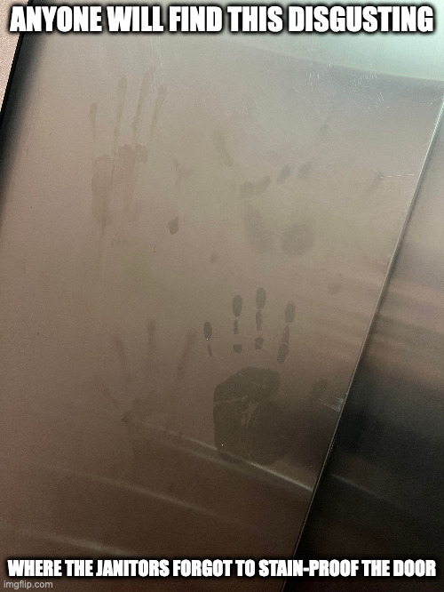 Hand Print Stains in an Elevator in my Alma Mater | ANYONE WILL FIND THIS DISGUSTING; WHERE THE JANITORS FORGOT TO STAIN-PROOF THE DOOR | image tagged in elevator,college,memes | made w/ Imgflip meme maker