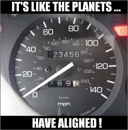A Magical Mileage ! | IT'S LIKE THE PLANETS ... HAVE ALIGNED ! | image tagged in speedometer,numbers | made w/ Imgflip meme maker