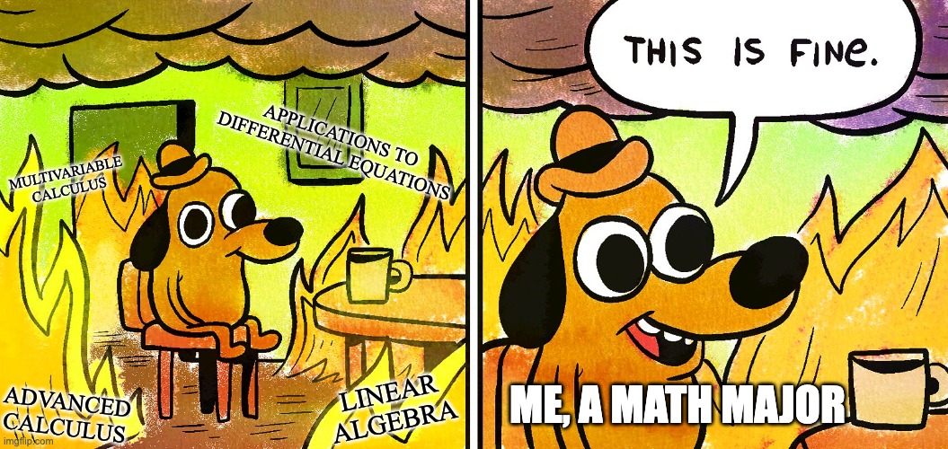 its fine | ME, A MATH MAJOR MULTIVARIABLE CALCULUS APPLICATIONS TO DIFFERENTIAL EQUATIONS LINEAR ALGEBRA ADVANCED CALCULUS | image tagged in its fine | made w/ Imgflip meme maker