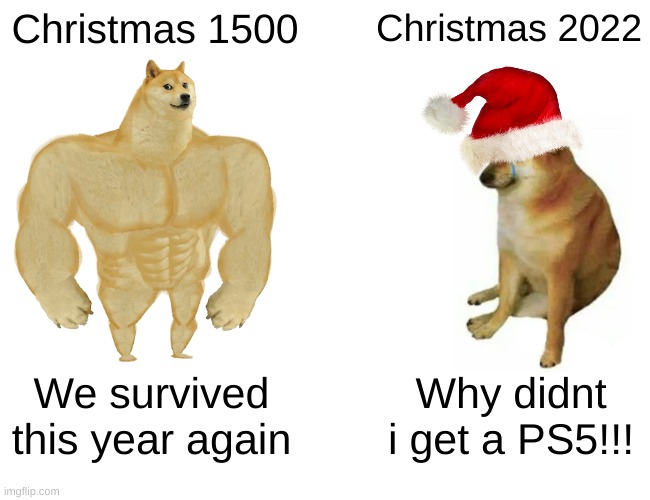 Christmas | Christmas 1500; Christmas 2022; We survived this year again; Why didnt i get a PS5!!! | image tagged in memes,buff doge vs cheems | made w/ Imgflip meme maker