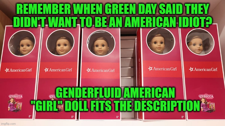 We wouldn't have had children if we had known they were going to be stupid | REMEMBER WHEN GREEN DAY SAID THEY DIDN'T WANT TO BE AN AMERICAN IDIOT? GENDERFLUID AMERICAN "GIRL" DOLL FITS THE DESCRIPTION | image tagged in american transy doll | made w/ Imgflip meme maker