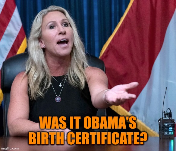 Marjorie Taylor Greene is this the holocaust | WAS IT OBAMA'S BIRTH CERTIFICATE? | image tagged in marjorie taylor greene is this the holocaust | made w/ Imgflip meme maker
