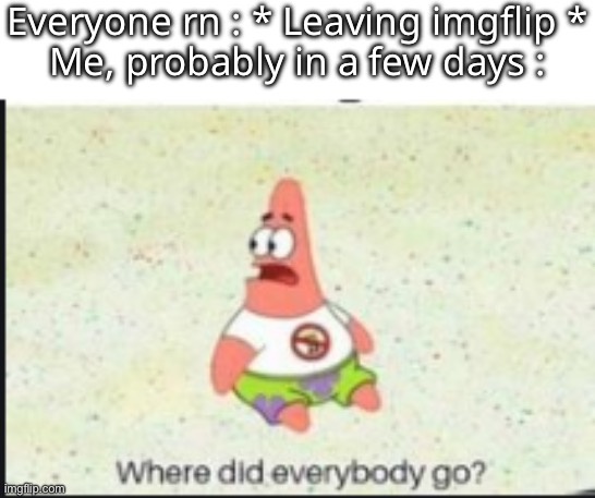 Seriously, everyone is leaving, it’s making me a bit sad. | Everyone rn : * Leaving imgflip *
Me, probably in a few days : | made w/ Imgflip meme maker