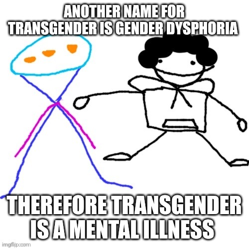 X-ey and Carlos | ANOTHER NAME FOR TRANSGENDER IS GENDER DYSPHORIA; THEREFORE TRANSGENDER IS A MENTAL ILLNESS | image tagged in x-ey and carlos | made w/ Imgflip meme maker