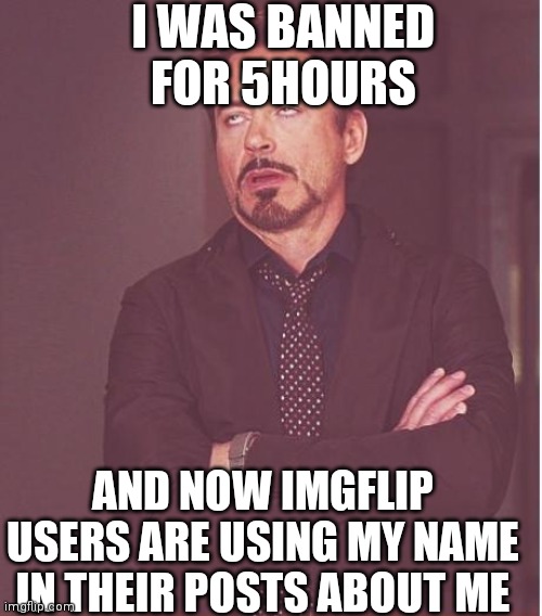 i am nobody | I WAS BANNED FOR 5HOURS; AND NOW IMGFLIP USERS ARE USING MY NAME IN THEIR POSTS ABOUT ME | image tagged in memes,face you make robert downey jr,no really,are you really in charge here,skimming by,freedom is not free | made w/ Imgflip meme maker