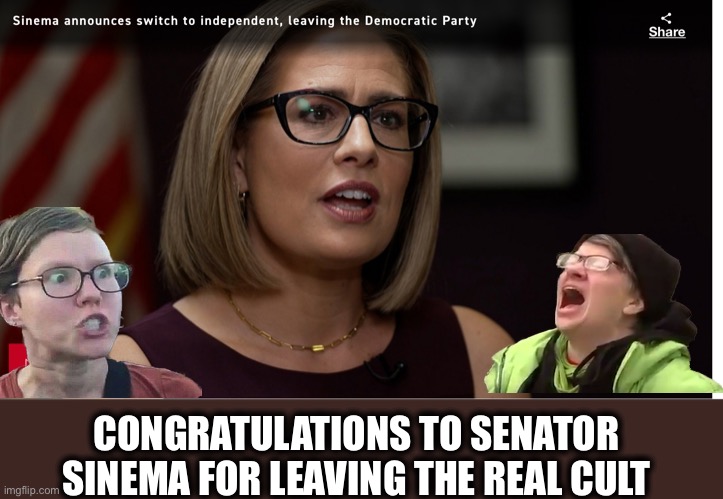 Krysten Sinema | CONGRATULATIONS TO SENATOR SINEMA FOR LEAVING THE REAL CULT | image tagged in democratic party,democratic socialism,democrats,liberal logic,memes | made w/ Imgflip meme maker