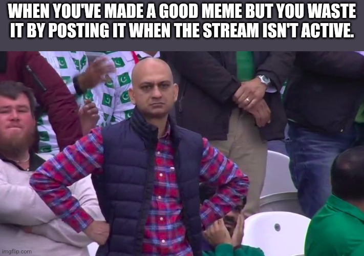 Disappointed Muhammad Sarim Akhtar | WHEN YOU'VE MADE A GOOD MEME BUT YOU WASTE IT BY POSTING IT WHEN THE STREAM ISN'T ACTIVE. | image tagged in disappointed muhammad sarim akhtar | made w/ Imgflip meme maker