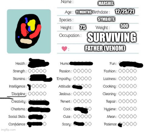 Oc info chart | MARSHEL; 12/25/21; 11 MONTHS; SYMBIOTE; 500; 7'5; SURVIVING; FATHER (VENOM) | image tagged in oc info chart | made w/ Imgflip meme maker