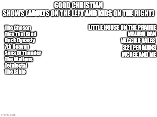 These are some recommendations from the internet. I have seen some of them | GOOD CHRISTIAN SHOWS (ADULTS ON THE LEFT AND KIDS ON THE RIGHT); The Chosen
Ties That Bind
Duck Dynasty
7th Heaven
Sons Of Thunder
The Waltons
Tetelestai
The Bible; LITTLE HOUSE ON THE PRAIRIE
MALIBU DAN
VEGGIES TALES 
321 PENGUINS
MCGEE AND ME | made w/ Imgflip meme maker