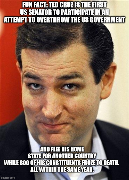Bashful Ted Cruz | FUN FACT: TED CRUZ IS THE FIRST US SENATOR TO PARTICIPATE IN AN ATTEMPT TO OVERTHROW THE US GOVERNMENT; AND FLEE HIS HOME STATE FOR ANOTHER COUNTRY WHILE 800 OF HIS CONSTITUENTS FROZE TO DEATH. 

ALL WITHIN THE SAME YEAR. | image tagged in bashful ted cruz | made w/ Imgflip meme maker