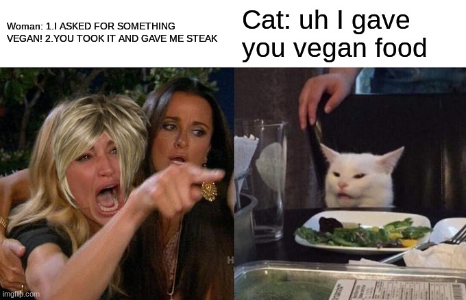Karen vs Cat who will win? | Woman: 1.I ASKED FOR SOMETHING VEGAN! 2.YOU TOOK IT AND GAVE ME STEAK; Cat: uh I gave you vegan food | image tagged in memes,woman yelling at cat | made w/ Imgflip meme maker