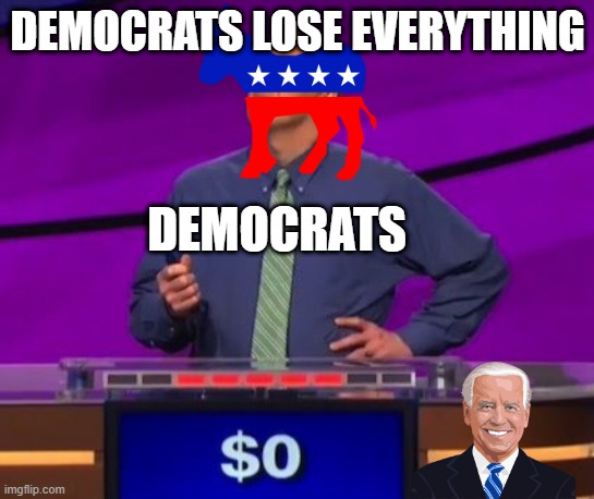 democrats aftermath | DEMOCRATS LOSE EVERYTHING; DEMOCRATS | image tagged in jeopardy contestant | made w/ Imgflip meme maker