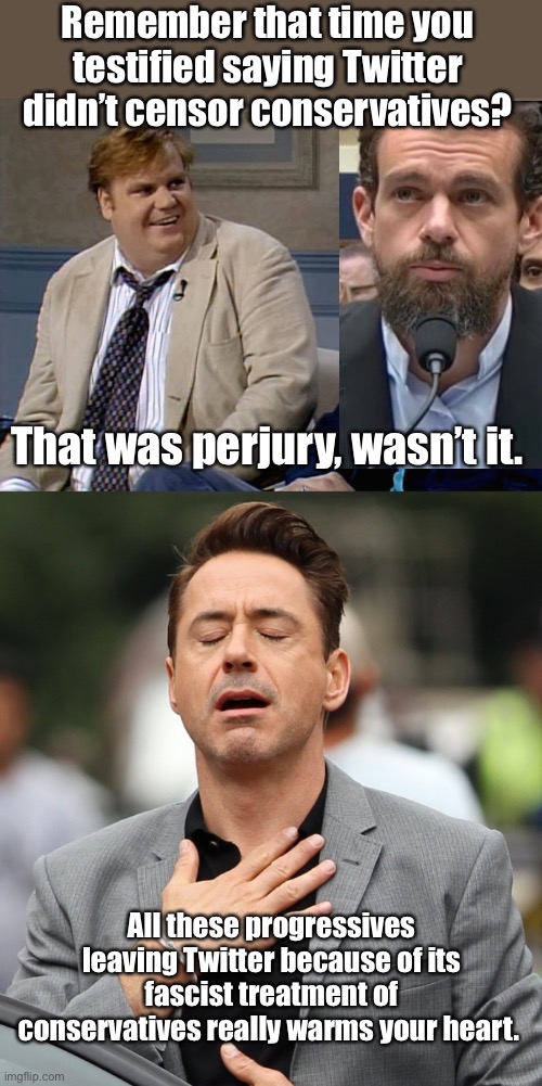 2 for 1 sale | Remember that time you testified saying Twitter didn’t censor conservatives? That was perjury, wasn’t it. All these progressives leaving Twitter because of its fascist treatment of conservatives really warms your heart. | image tagged in remember that time,relieved rdj,twitch,politics lol,memes | made w/ Imgflip meme maker