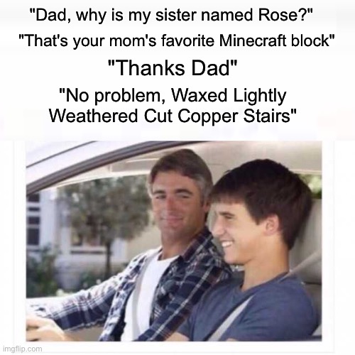 meme | "Dad, why is my sister named Rose?"; "That's your mom's favorite Minecraft block"; "Thanks Dad"; "No problem, Waxed Lightly Weathered Cut Copper Stairs" | image tagged in dad why is my sister named rose,minecraft,parents,minecraft memes,memes,meem | made w/ Imgflip meme maker
