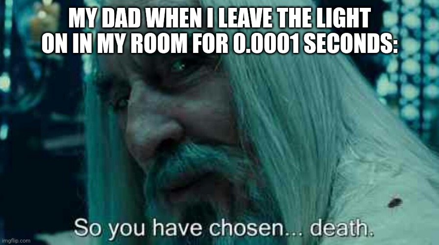 So you have chosen death |  MY DAD WHEN I LEAVE THE LIGHT ON IN MY ROOM FOR 0.0001 SECONDS: | image tagged in so you have chosen death | made w/ Imgflip meme maker