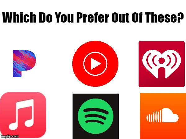 Music Streaming Services |  Which Do You Prefer Out Of These? | image tagged in spotify,apple music,soundcloud,youtube music,pandora,iheartradio | made w/ Imgflip meme maker