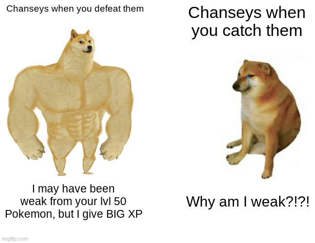 Chanseys in Pokemon Scarlet/Violet give broken amounts of XP | Chanseys when you defeat them; Chanseys when you catch them; I may have been weak from your lvl 50 Pokemon, but I give BIG XP; Why am I weak?!?! | image tagged in memes,buff doge vs cheems,pokemon scarlet,pokemon violet,pokemon scarlet and violet | made w/ Imgflip meme maker
