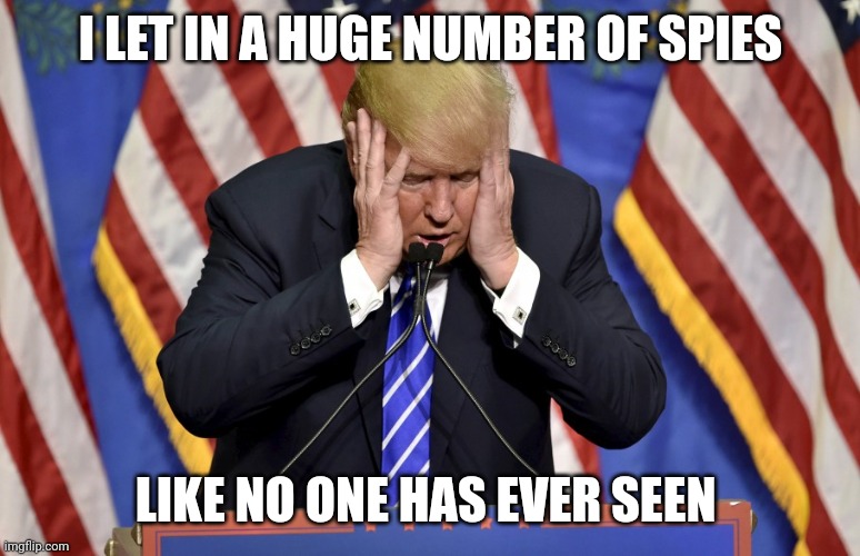 All you have to do is say it like it's a good thing | I LET IN A HUGE NUMBER OF SPIES; LIKE NO ONE HAS EVER SEEN | image tagged in cry baby trump,morons,fake history | made w/ Imgflip meme maker