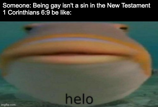 If ur struggling with homosexuality, we are here for support! Jesus loves you! | Someone: Being gay isn't a sin in the New Testament
1 Corinthians 6:9 be like: | image tagged in helo,jesus | made w/ Imgflip meme maker