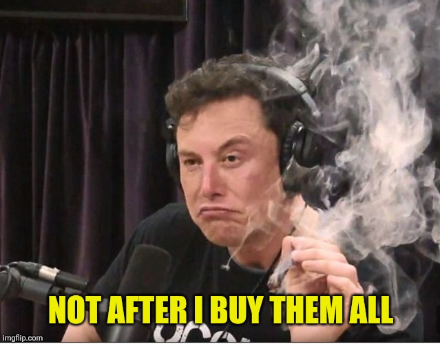 Elon Musk smoking a joint | NOT AFTER I BUY THEM ALL | image tagged in elon musk smoking a joint | made w/ Imgflip meme maker