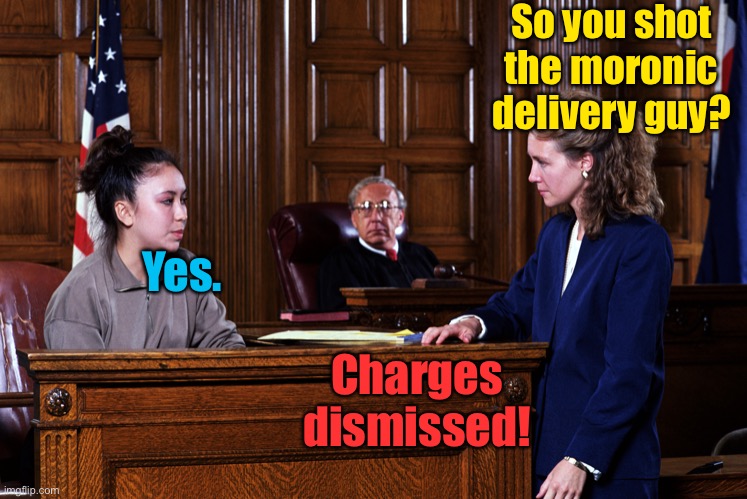 Courtroom | So you shot the moronic delivery guy? Yes. Charges dismissed! | image tagged in courtroom | made w/ Imgflip meme maker