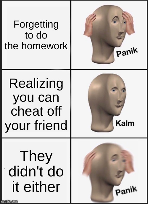 So true. | Forgetting to do the homework; Realizing you can cheat off your friend; They didn't do it either | image tagged in memes,panik kalm panik | made w/ Imgflip meme maker