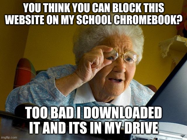: when the people who block gaming websites on chromebooks dont know i downloaded it | YOU THINK YOU CAN BLOCK THIS WEBSITE ON MY SCHOOL CHROMEBOOK? TOO BAD I DOWNLOADED IT AND ITS IN MY DRIVE | image tagged in memes,grandma finds the internet | made w/ Imgflip meme maker