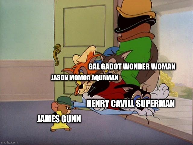 Everyone Gets Replaced | GAL GADOT WONDER WOMAN; JASON MOMOA AQUAMAN; HENRY CAVILL SUPERMAN; JAMES GUNN | image tagged in tom and jerry,dc comics | made w/ Imgflip meme maker