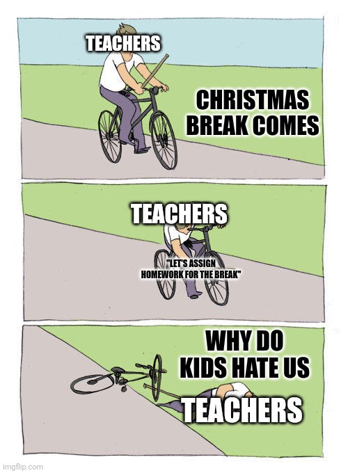 True for me | TEACHERS; CHRISTMAS BREAK COMES; TEACHERS; "LET'S ASSIGN HOMEWORK FOR THE BREAK"; WHY DO KIDS HATE US; TEACHERS | image tagged in memes,bike fall | made w/ Imgflip meme maker
