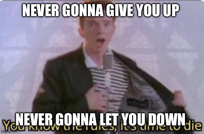Look | NEVER GONNA GIVE YOU UP; NEVER GONNA LET YOU DOWN | image tagged in you know the rules its time to die | made w/ Imgflip meme maker