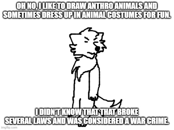 OH NO, I LIKE TO DRAW ANTHRO ANIMALS AND SOMETIMES DRESS UP IN ANIMAL COSTUMES FOR FUN. I DIDN'T KNOW THAT THAT BROKE SEVERAL LAWS AND WAS C | made w/ Imgflip meme maker