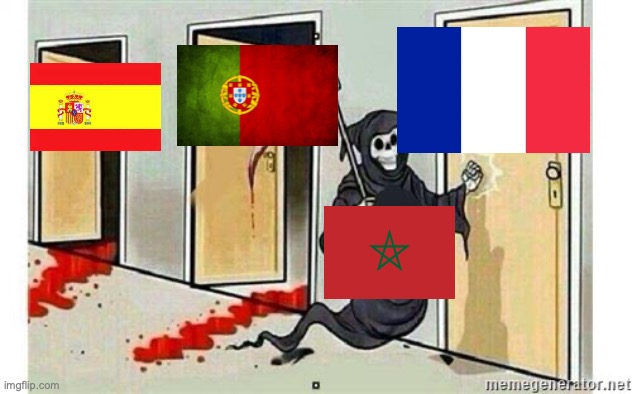 Morocco the underdogs, 1st African Nation to make it to Semi-Finals in 2022 FIFA World Cup | image tagged in grim reaper knocking door,morocco,spain,portugal,france,fifa world cup | made w/ Imgflip meme maker