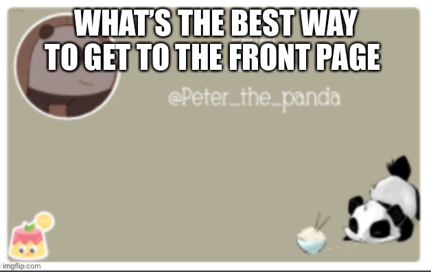 Peter_the_panda announcment template | WHAT’S THE BEST WAY TO GET TO THE FRONT PAGE | image tagged in peter_the_panda announcment template | made w/ Imgflip meme maker