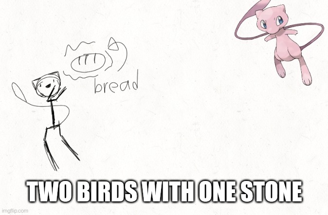 I have to do mew next, and I have to do a pokemon teleporting bread. Might as well do it now | TWO BIRDS WITH ONE STONE | made w/ Imgflip meme maker