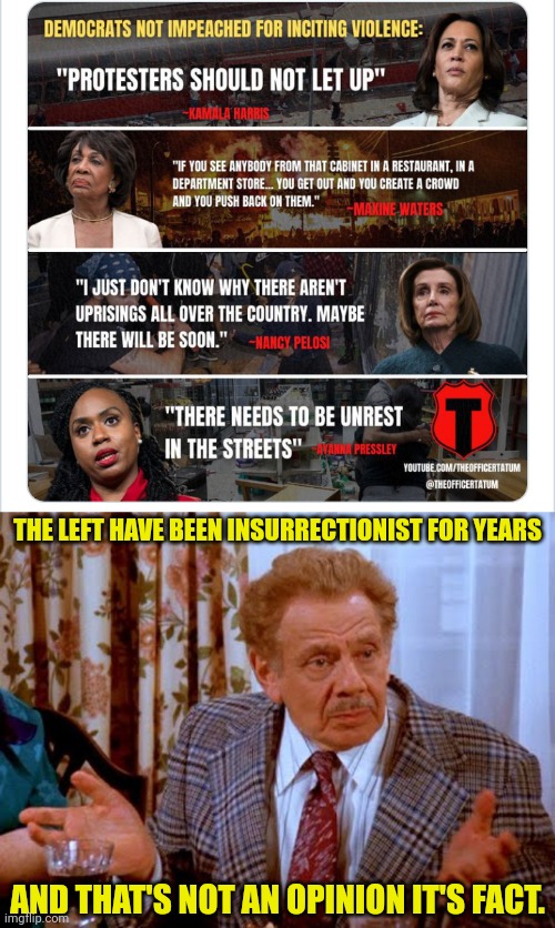The left have been Insurrectionist for | THE LEFT HAVE BEEN INSURRECTIONIST FOR YEARS; AND THAT'S NOT AN OPINION IT'S FACT. | image tagged in insurrectionist,democrats,commies,frank costanza,seinfeld | made w/ Imgflip meme maker