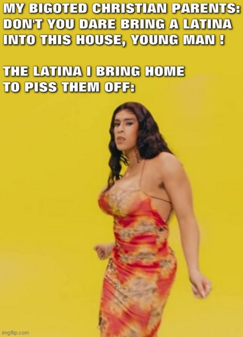 image tagged in christians,bad bunny,latina,bigots,parents,dating | made w/ Imgflip meme maker
