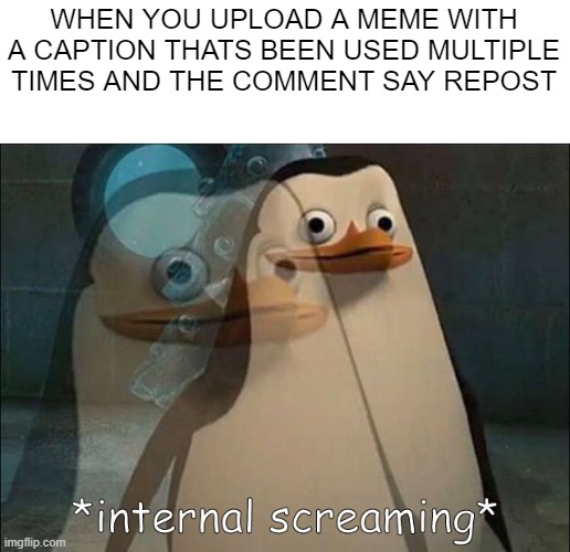 Private Internal Screaming | WHEN YOU UPLOAD A MEME WITH A CAPTION THATS BEEN USED MULTIPLE TIMES AND THE COMMENT SAY REPOST | image tagged in private internal screaming | made w/ Imgflip meme maker