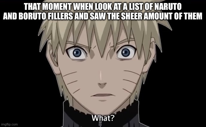 Have any of you saw a list of Naruto fillers and made this reaction? | THAT MOMENT WHEN LOOK AT A LIST OF NARUTO AND BORUTO FILLERS AND SAW THE SHEER AMOUNT OF THEM | image tagged in naruto what,fillers,memes,naruto shippuden,that moment when,naruto | made w/ Imgflip meme maker