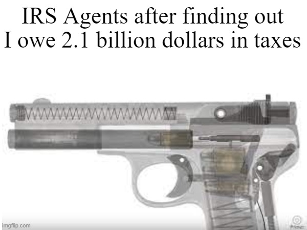 Couldn't agree more. | IRS Agents after finding out I owe 2.1 billion dollars in taxes | image tagged in irs,gun | made w/ Imgflip meme maker