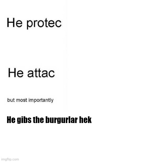 He protec he attac but most importantly | He gibs the burgurlar hek | image tagged in he protec he attac but most importantly | made w/ Imgflip meme maker